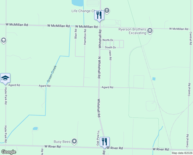 map of restaurants, bars, coffee shops, grocery stores, and more near 2695 Whitehall Road in Muskegon