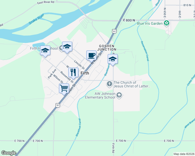 map of restaurants, bars, coffee shops, grocery stores, and more near 116 North Franklin Street in Firth