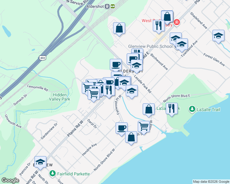 map of restaurants, bars, coffee shops, grocery stores, and more near 70 Plains Road West in Burlington