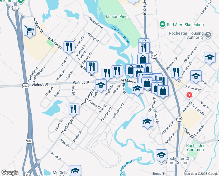 map of restaurants, bars, coffee shops, grocery stores, and more near 11 Maple Street in Rochester