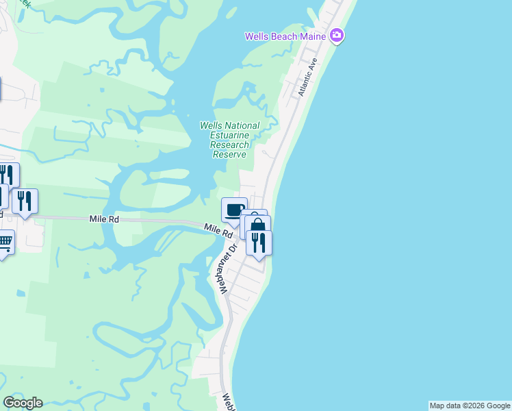 map of restaurants, bars, coffee shops, grocery stores, and more near 57 Ox Cart Lane in Wells