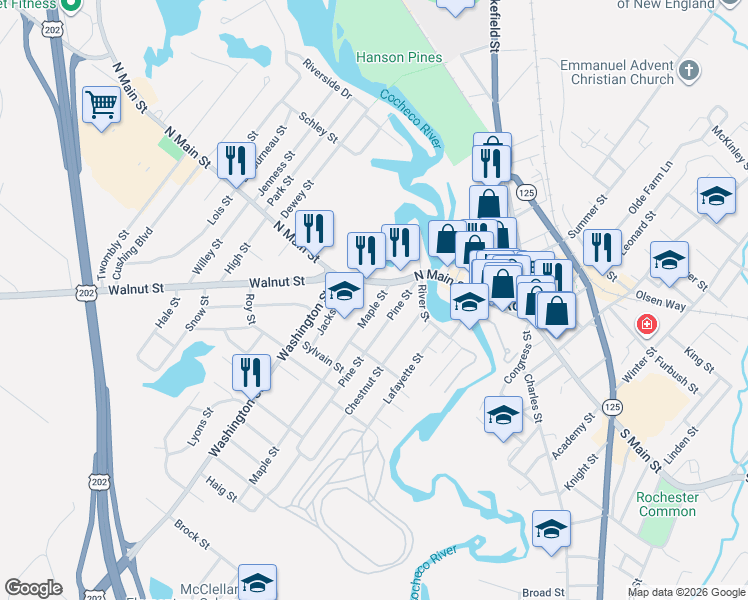 map of restaurants, bars, coffee shops, grocery stores, and more near 154 North Main Street in Rochester