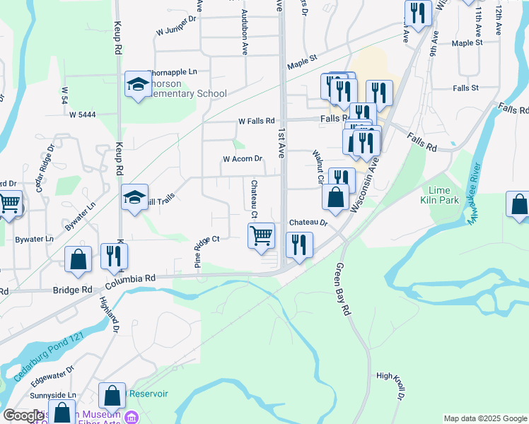 map of restaurants, bars, coffee shops, grocery stores, and more near 2076 Chateau Court in Grafton