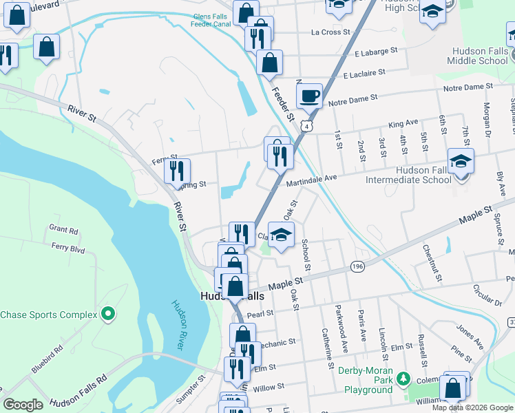 map of restaurants, bars, coffee shops, grocery stores, and more near 251 Main Street in Hudson Falls