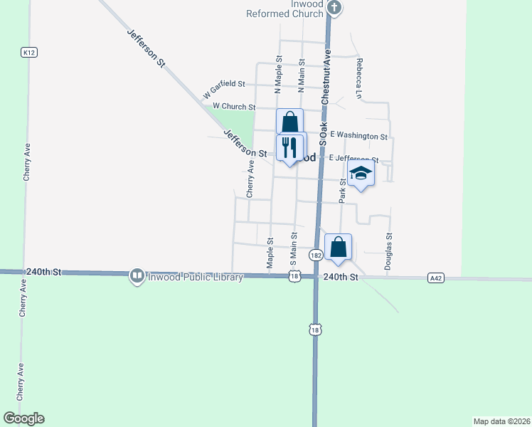 map of restaurants, bars, coffee shops, grocery stores, and more near 301-305 S Maple St in Inwood