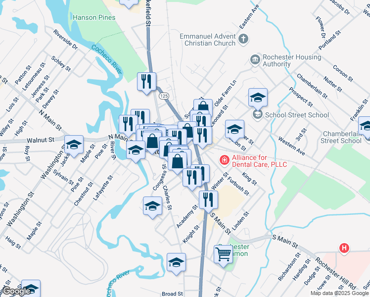 map of restaurants, bars, coffee shops, grocery stores, and more near 52 Hanson Street in Rochester