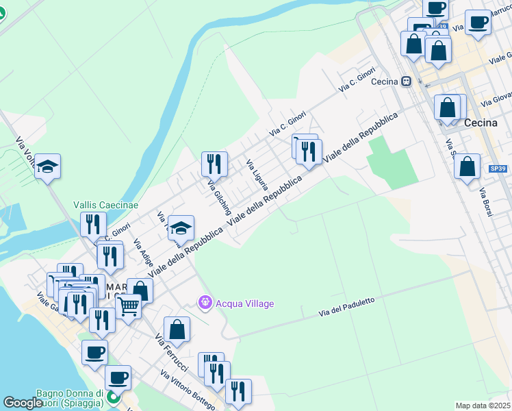 map of restaurants, bars, coffee shops, grocery stores, and more near 85-87 Viale della Repubblica in Cecina