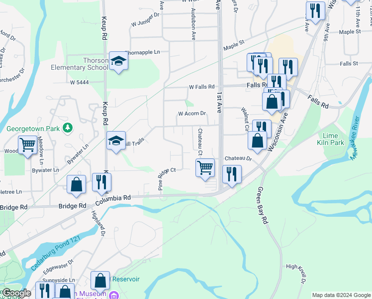 map of restaurants, bars, coffee shops, grocery stores, and more near 2070b Pine Ridge Court in Grafton