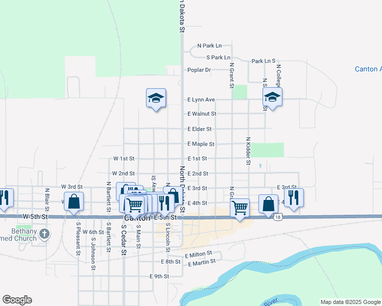 map of restaurants, bars, coffee shops, grocery stores, and more near 412 East 1st Street in Canton