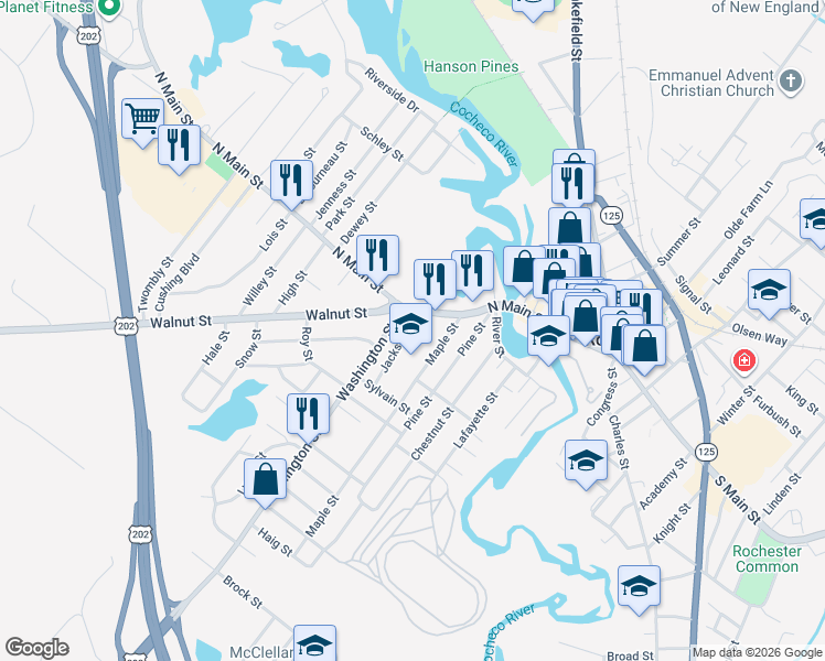 map of restaurants, bars, coffee shops, grocery stores, and more near 10 Jackson Street in Rochester
