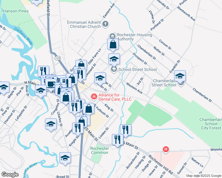 map of restaurants, bars, coffee shops, grocery stores, and more near 30 Silver Street in Rochester