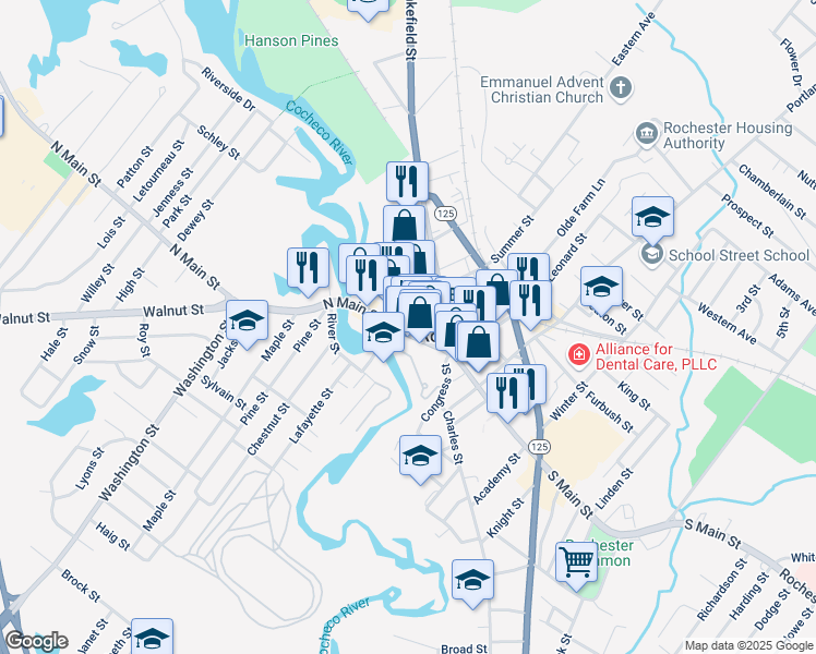 map of restaurants, bars, coffee shops, grocery stores, and more near 8 Barker Court in Rochester