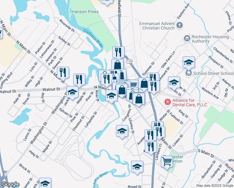 map of restaurants, bars, coffee shops, grocery stores, and more near 89 North Main Street in Rochester