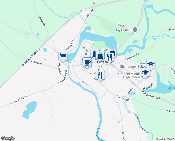 map of restaurants, bars, coffee shops, grocery stores, and more near 33 Main Street in Pittsfield