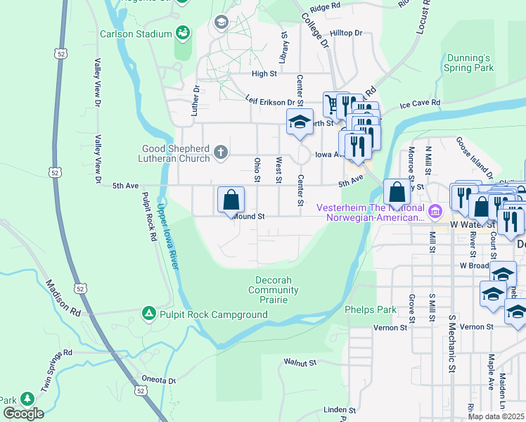 map of restaurants, bars, coffee shops, grocery stores, and more near 105 Ohio Street in Decorah