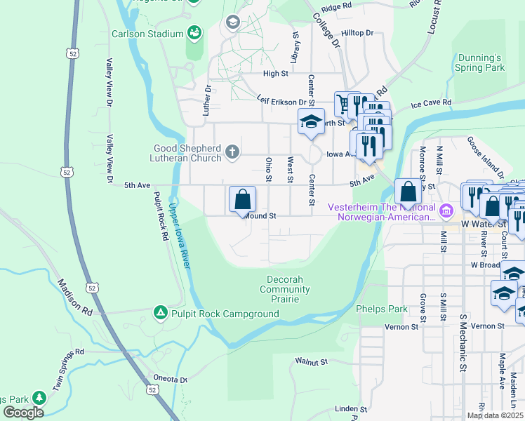 map of restaurants, bars, coffee shops, grocery stores, and more near 105 Ohio Street in Decorah