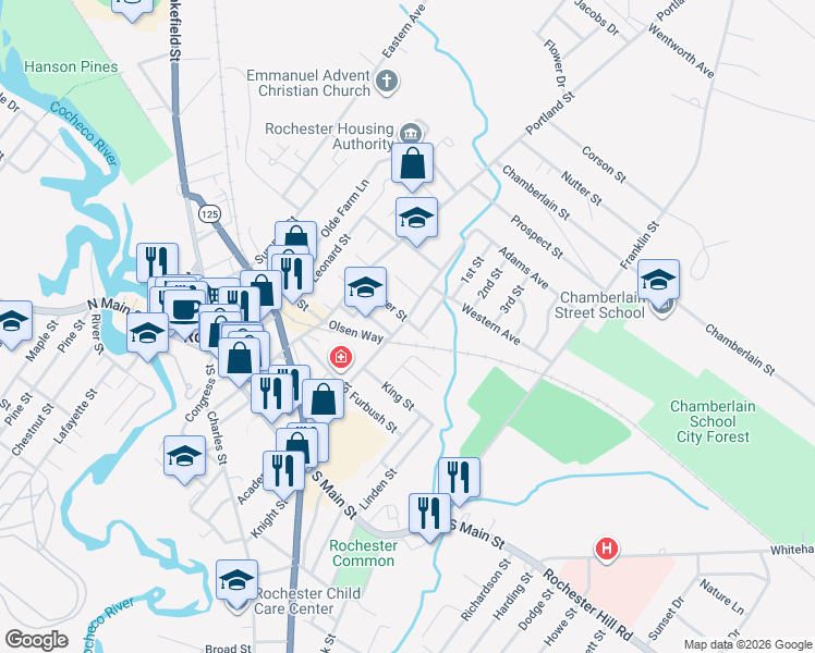 map of restaurants, bars, coffee shops, grocery stores, and more near 30 Silver Street in Rochester