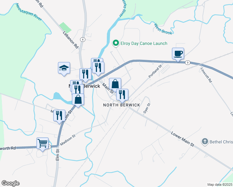 map of restaurants, bars, coffee shops, grocery stores, and more near 33 Main Street in North Berwick