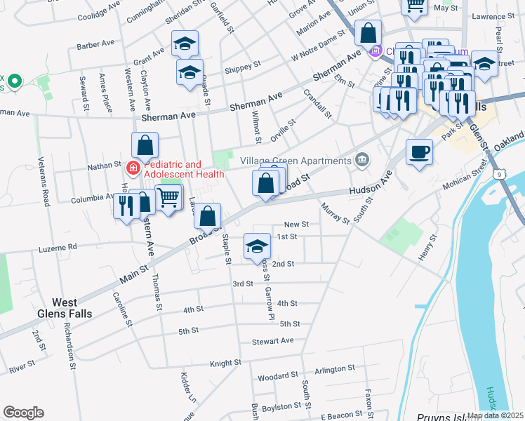 map of restaurants, bars, coffee shops, grocery stores, and more near 130 Broad Street in Glens Falls