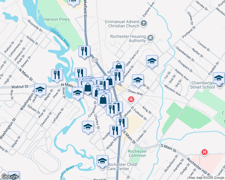 map of restaurants, bars, coffee shops, grocery stores, and more near 52 Hanson Street in Rochester