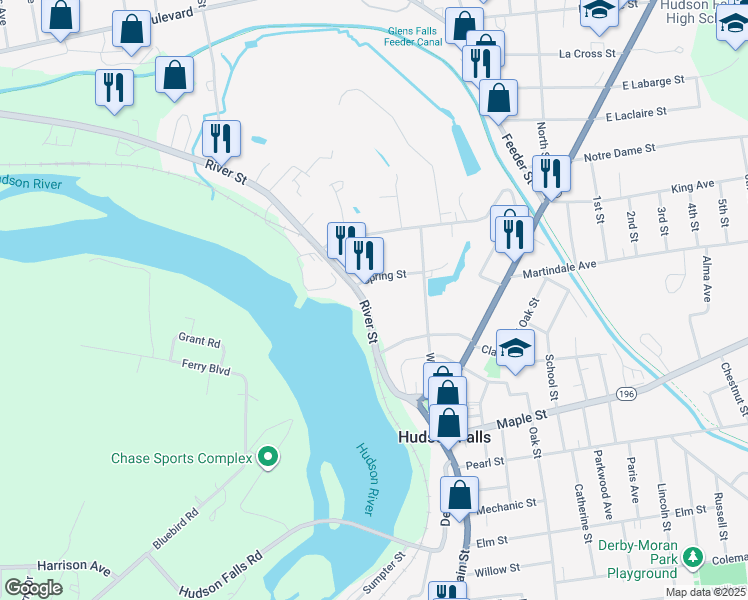 map of restaurants, bars, coffee shops, grocery stores, and more near 40 River Street in Hudson Falls