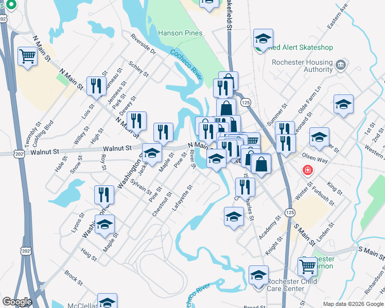 map of restaurants, bars, coffee shops, grocery stores, and more near 7 River Street in Rochester