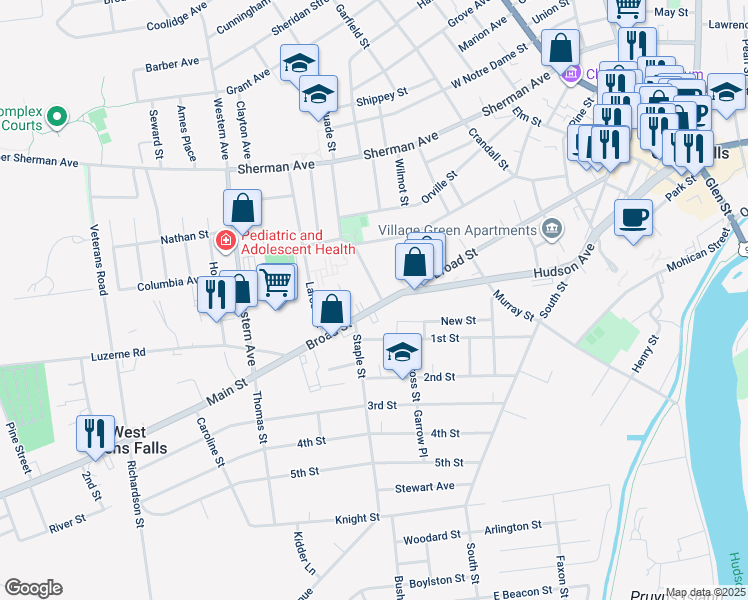 map of restaurants, bars, coffee shops, grocery stores, and more near 143 Broad Street in Glens Falls