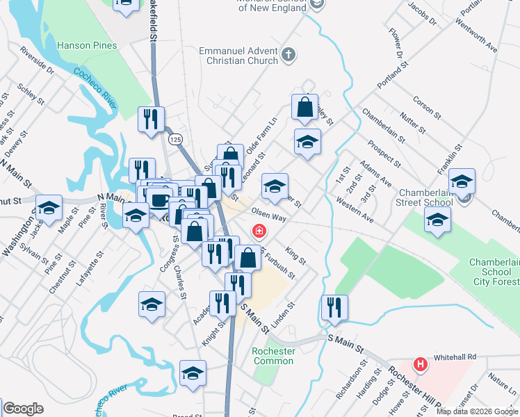 map of restaurants, bars, coffee shops, grocery stores, and more near 4 Olsen Way in Rochester