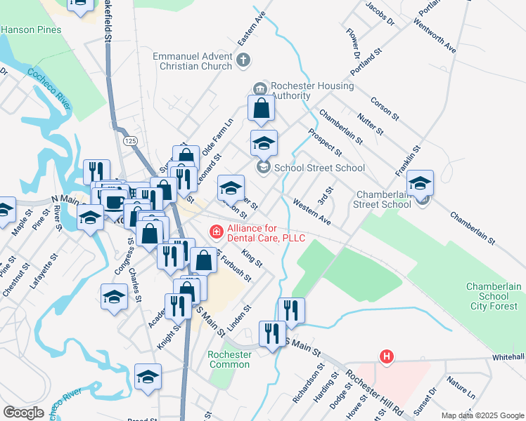 map of restaurants, bars, coffee shops, grocery stores, and more near 30 Silver Street in Rochester