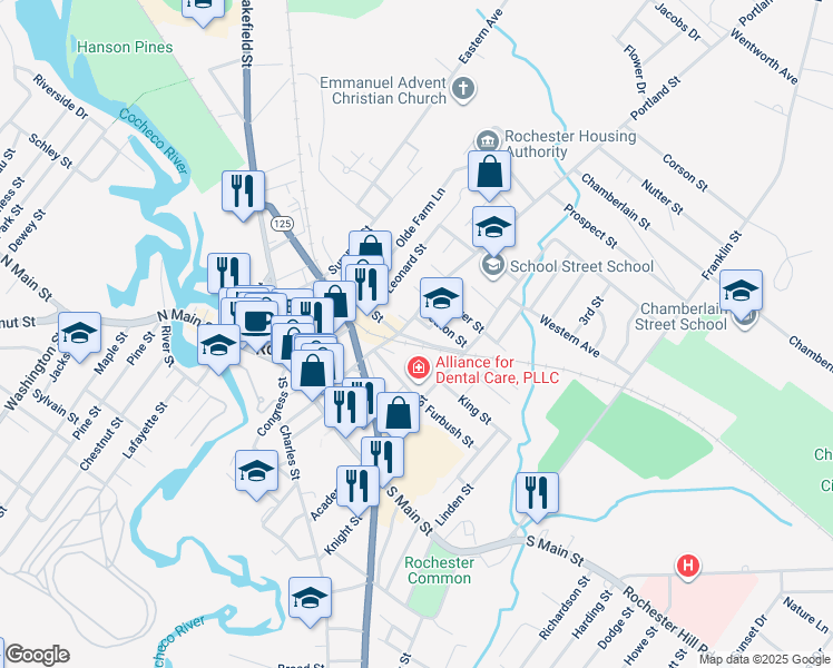 map of restaurants, bars, coffee shops, grocery stores, and more near 4 Olsen Way in Rochester