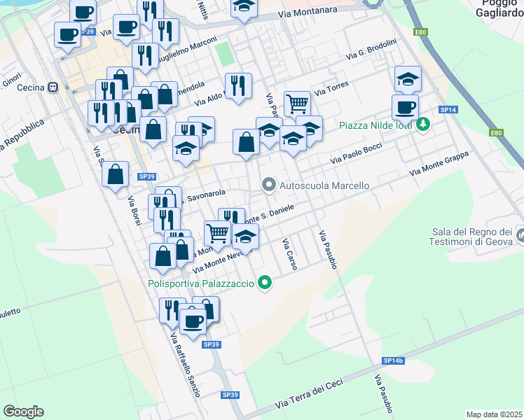 map of restaurants, bars, coffee shops, grocery stores, and more near 14 Via Lambruschini in Cecina