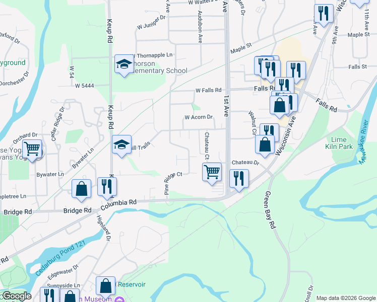 map of restaurants, bars, coffee shops, grocery stores, and more near 2070b Pine Ridge Court in Grafton