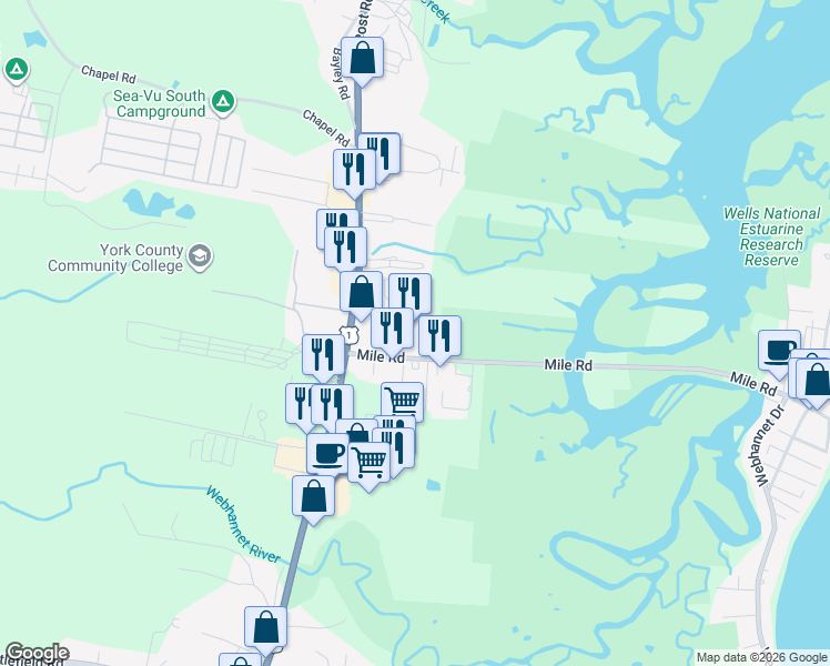 map of restaurants, bars, coffee shops, grocery stores, and more near 76 Mile Road in Wells