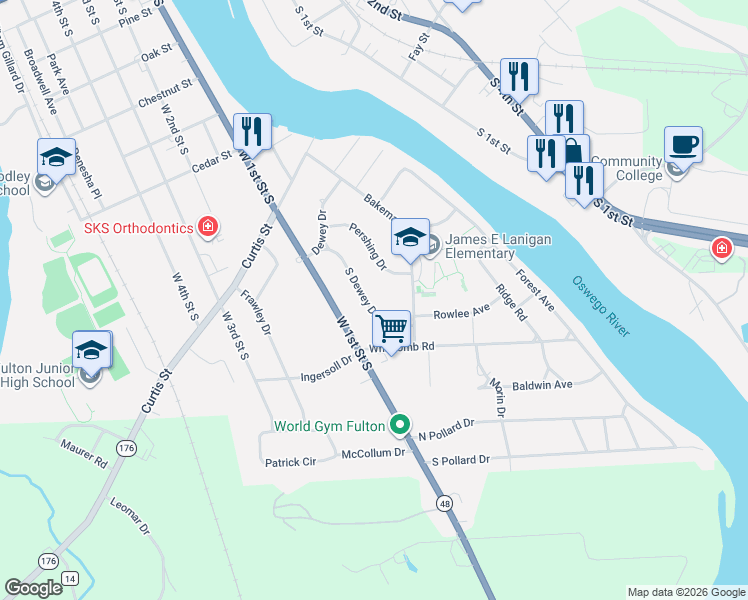 map of restaurants, bars, coffee shops, grocery stores, and more near 68 South Dewey Drive in Fulton