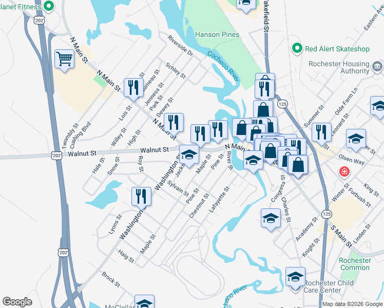 map of restaurants, bars, coffee shops, grocery stores, and more near 156 North Main Street in Rochester