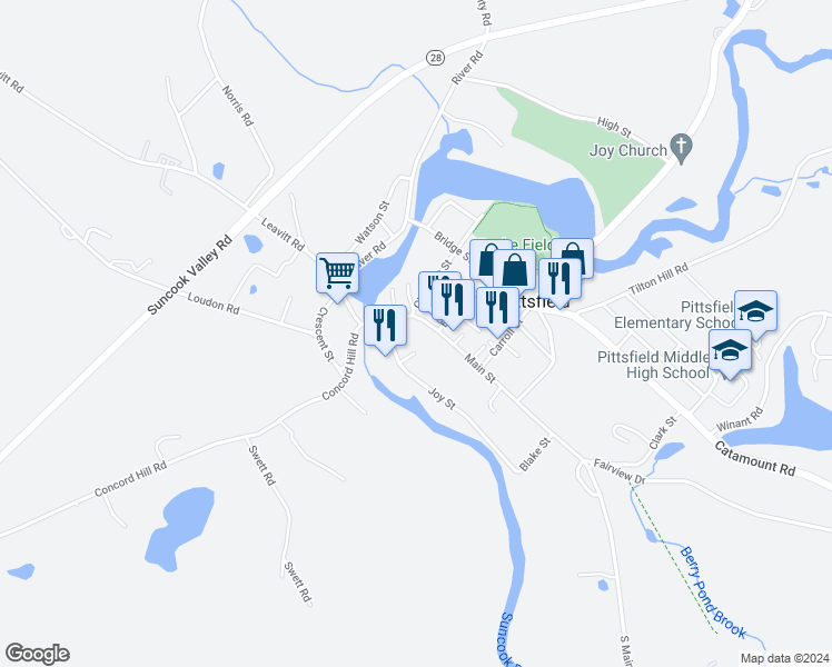 map of restaurants, bars, coffee shops, grocery stores, and more near 5 Main Street in Pittsfield