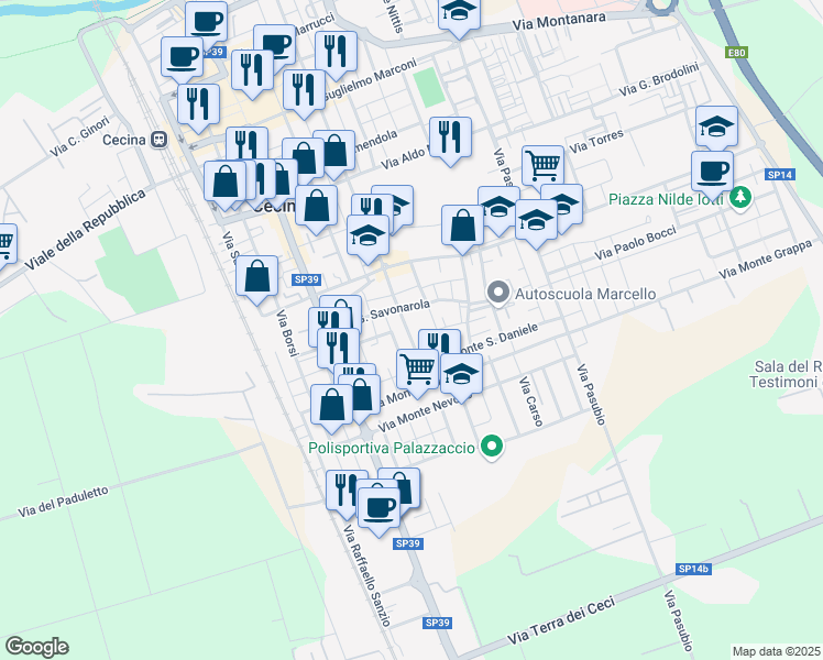 map of restaurants, bars, coffee shops, grocery stores, and more near 27A Via Renato Fucini in Cecina