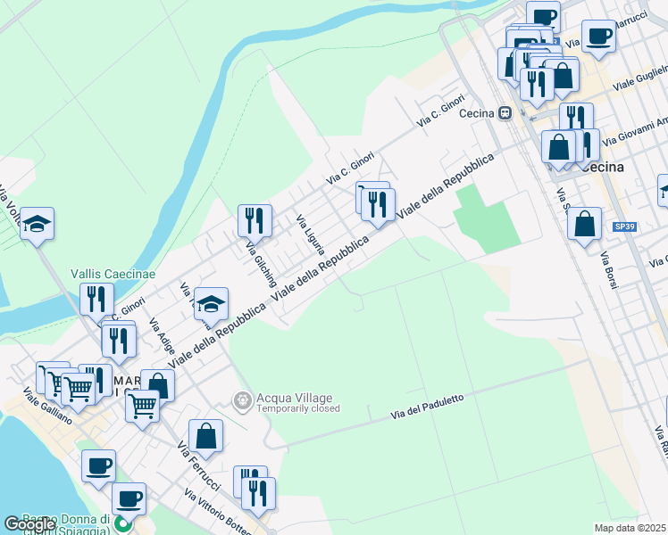 map of restaurants, bars, coffee shops, grocery stores, and more near 5 Via Terni in Cecina