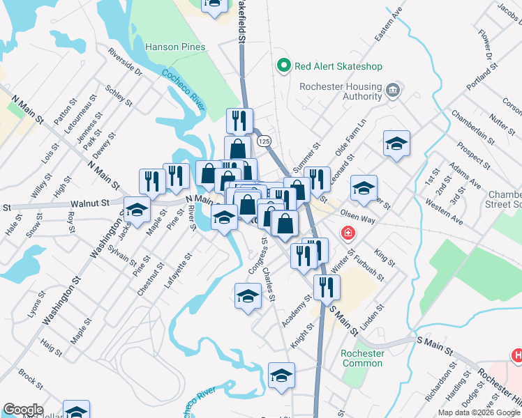 map of restaurants, bars, coffee shops, grocery stores, and more near 8 Barker Court in Rochester