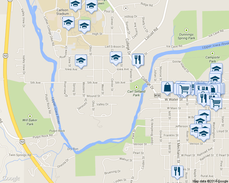map of restaurants, bars, coffee shops, grocery stores, and more near 104 Center Street in Decorah