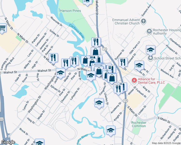 map of restaurants, bars, coffee shops, grocery stores, and more near 89 North Main Street in Rochester