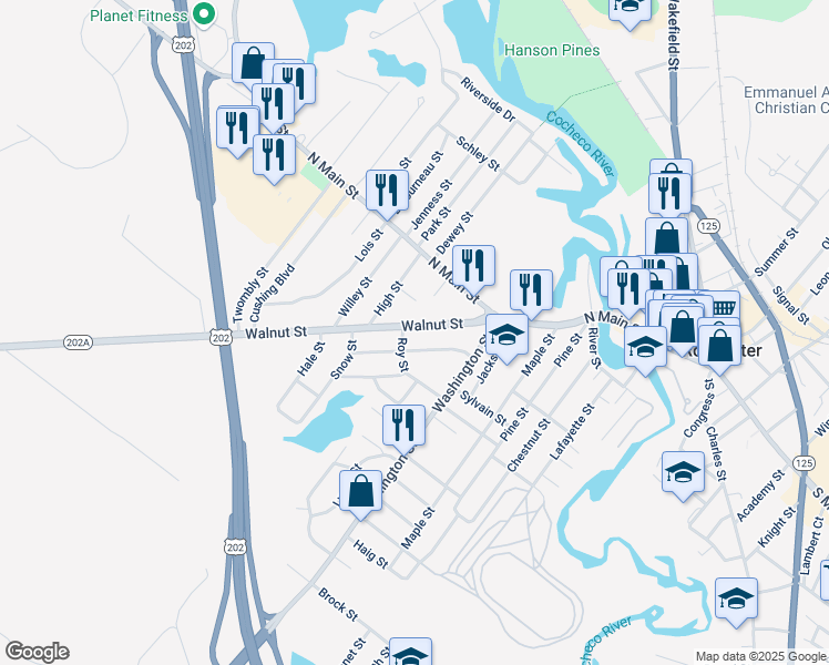 map of restaurants, bars, coffee shops, grocery stores, and more near 36 Walnut Street in Rochester