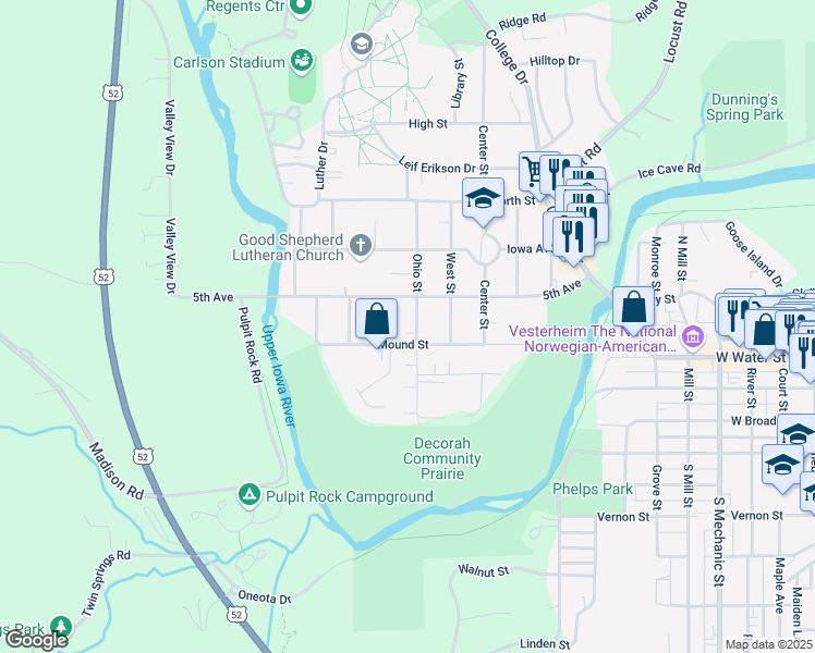 map of restaurants, bars, coffee shops, grocery stores, and more near 105 Ohio Street in Decorah