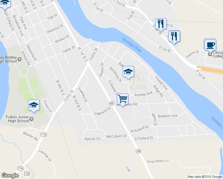 map of restaurants, bars, coffee shops, grocery stores, and more near 57 Dewey Dr in Fulton