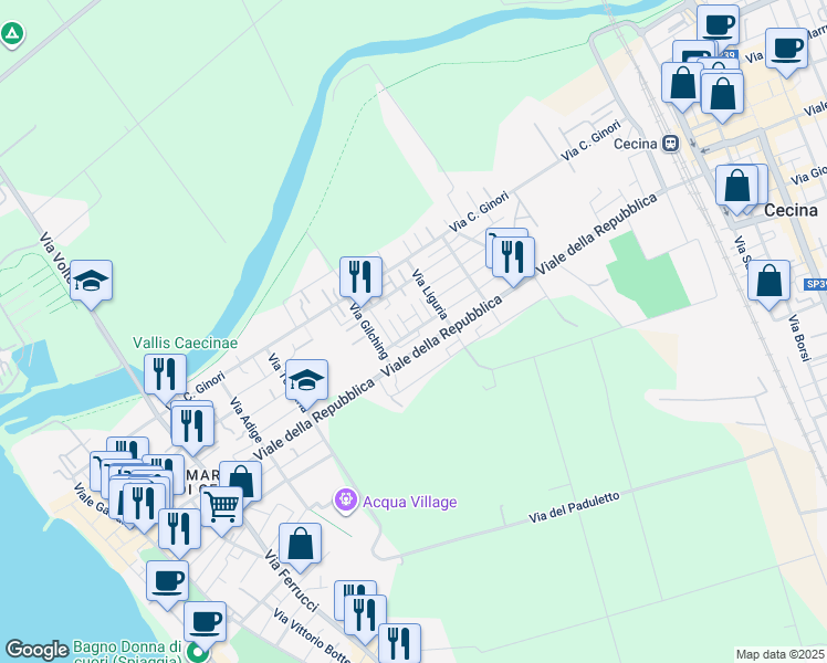 map of restaurants, bars, coffee shops, grocery stores, and more near 85-87 Viale della Repubblica in Cecina