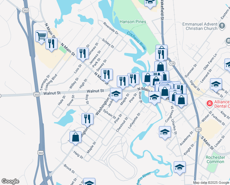 map of restaurants, bars, coffee shops, grocery stores, and more near 1 Washington Street in Rochester