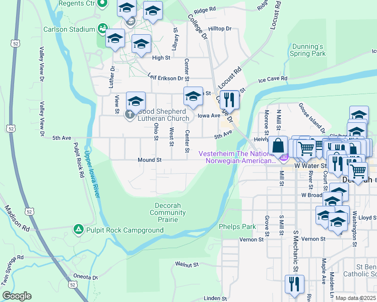 map of restaurants, bars, coffee shops, grocery stores, and more near 104 Center Street in Decorah