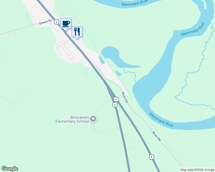 map of restaurants, bars, coffee shops, grocery stores, and more near King Street in Boscawen