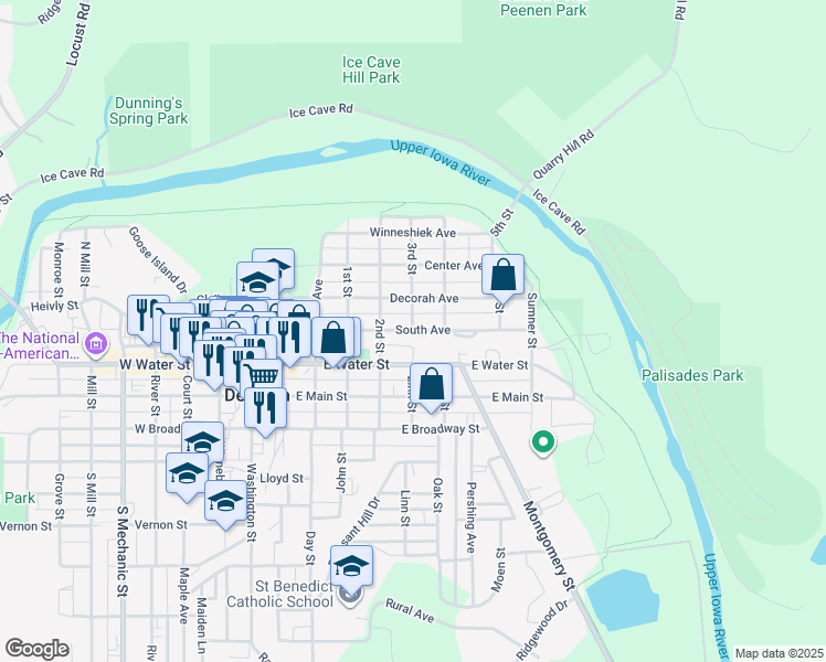 map of restaurants, bars, coffee shops, grocery stores, and more near 701 South Avenue in Decorah