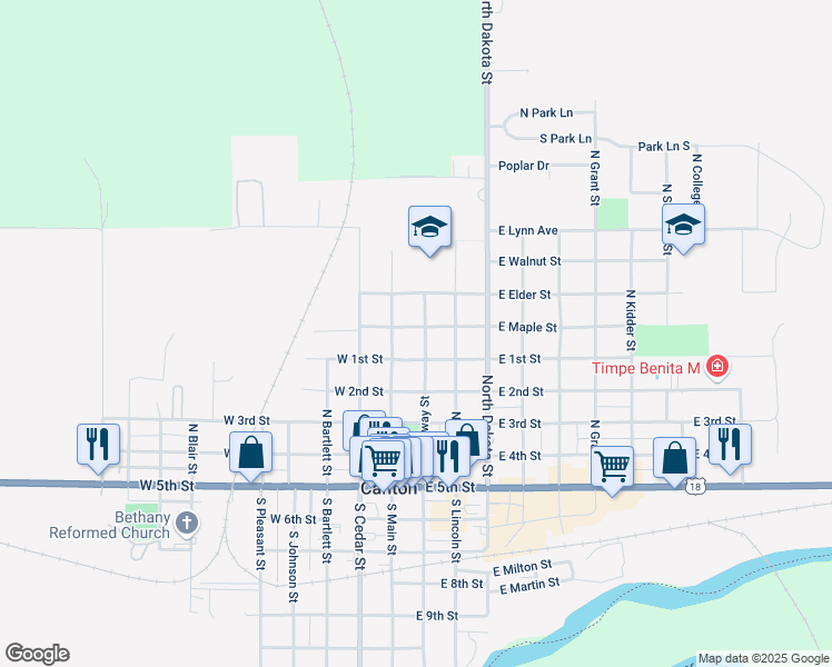 map of restaurants, bars, coffee shops, grocery stores, and more near 525 North Broadway Street in Canton
